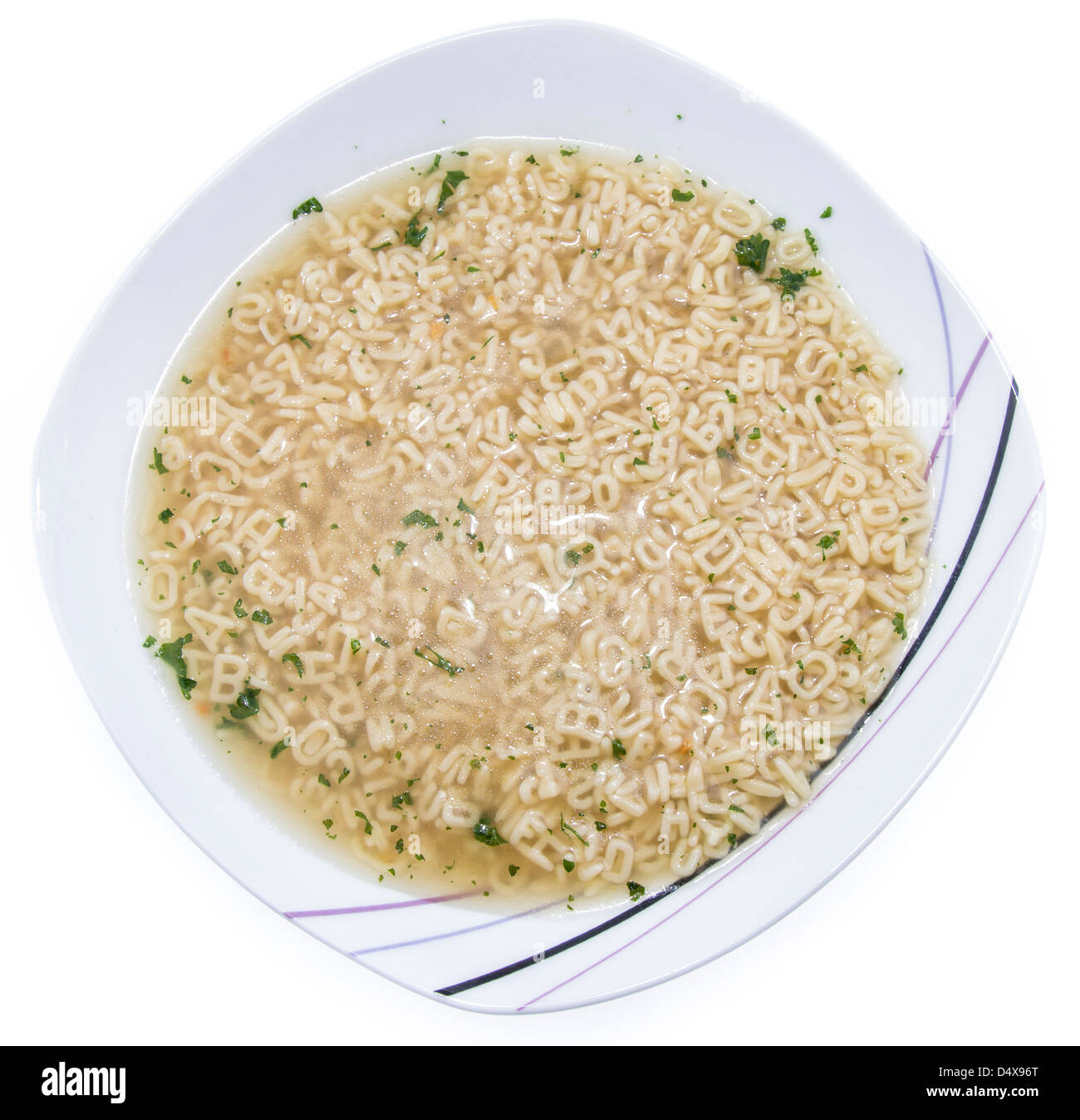 Frisch gemacht Buchstabensuppe mit Kräutern isoliert auf weißem Hintergrund Stockfoto