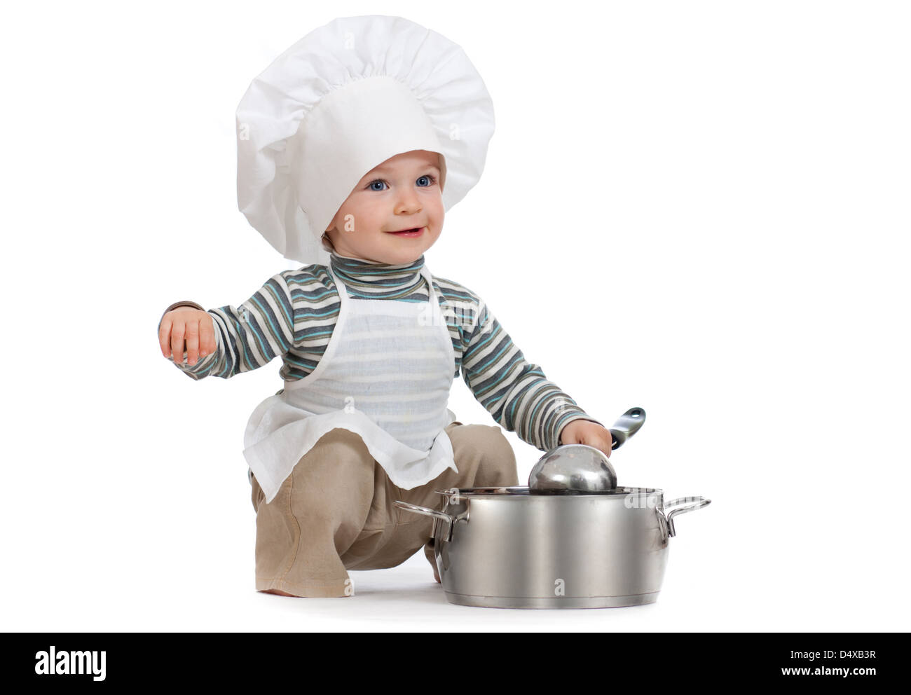Küchenjungen mit Pan isoliert auf weiss Stockfoto