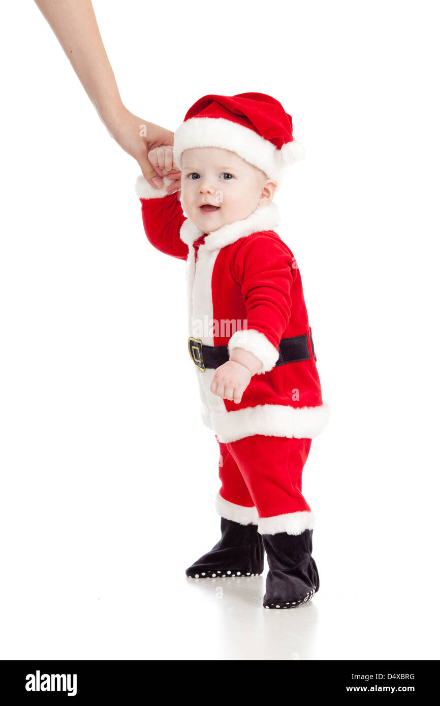 Erste Schritte von Santa Claus Baby. Studio gedreht Stockfoto