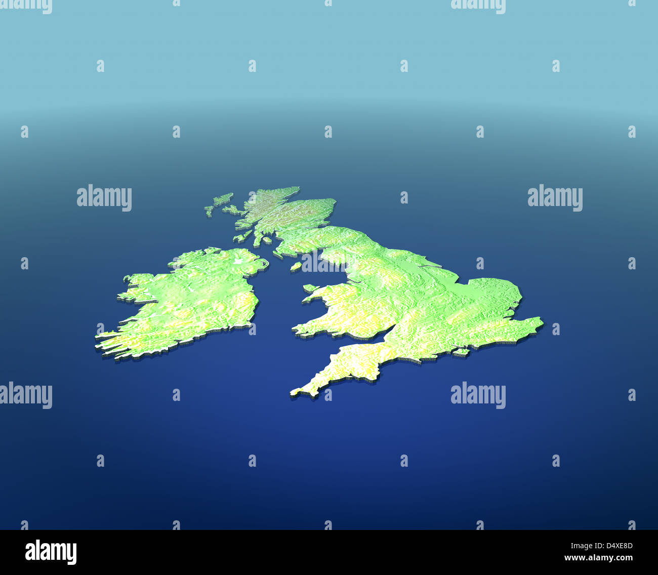 3D Render von den britischen Inseln 3D Render auf den britischen Inseln im Meer Hintergrund Stockfoto