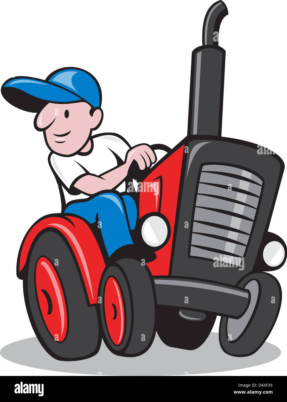 Abbildung eines Bauern Arbeitnehmers einen Oldtimer-Traktor befahren isoliert Hintergrund getan im Cartoon-Stil. Stockfoto