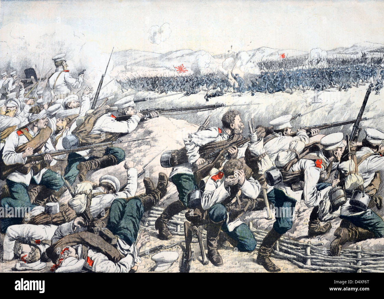 Alte oder alte Illustration der Schlacht am russisch-japanischen Krieg in der Nähe von Mukden (Shenyang) Mandschurei (Okt 1904/05) Stockfoto