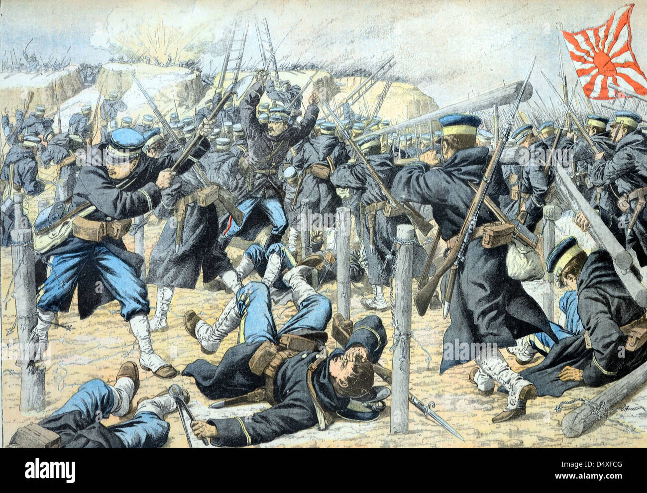 Alte oder alte Darstellung des japanischen Angriffs auf russische Schützengräben in der Mandschurei während des Russisch-Japanischen Krieges (Juni 1904/05) Stockfoto