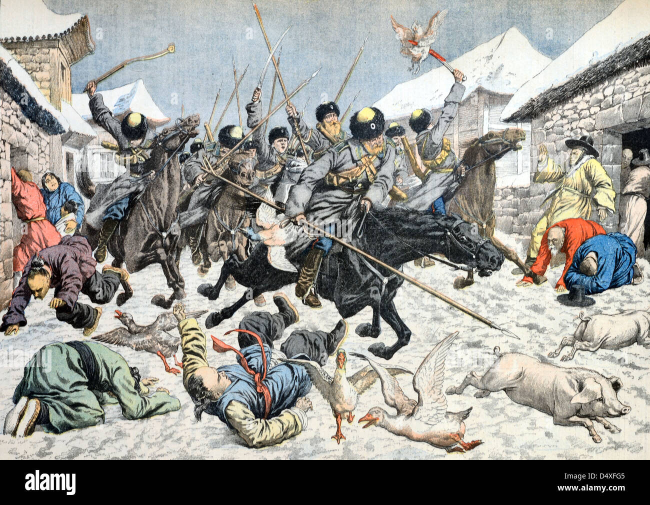 Alte Illustration von Kosaken, Kosakensoldaten oder von Kavalleristen, die während des Russisch-Japanischen Krieges Koreanisches Dorf angreifen (März 1904/05) Stockfoto