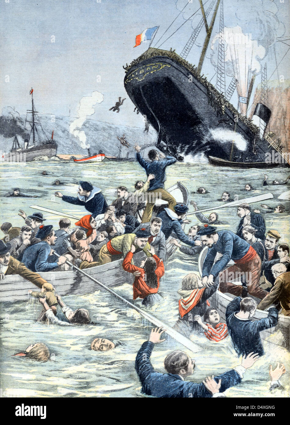 Schiffbruch oder Untergang des Dampfschiffs The Liban im Mittelmeer bei Marseille Frankreich (7. Juni 1903) Vintage Gravur oder Illustration Stockfoto