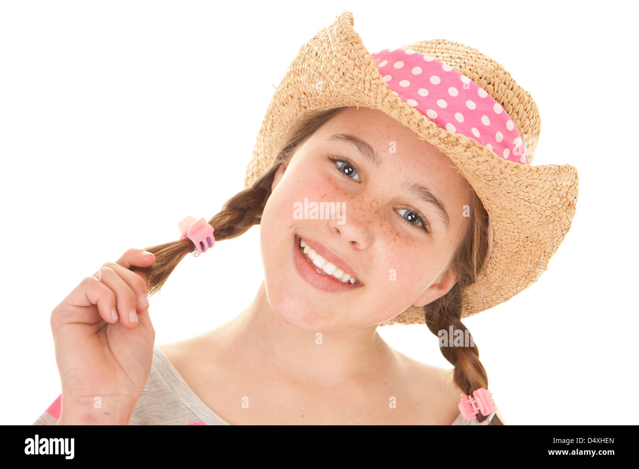 lächelndes Mädchen Sommer mit perfekte gerade weiße Zähne Stockfoto