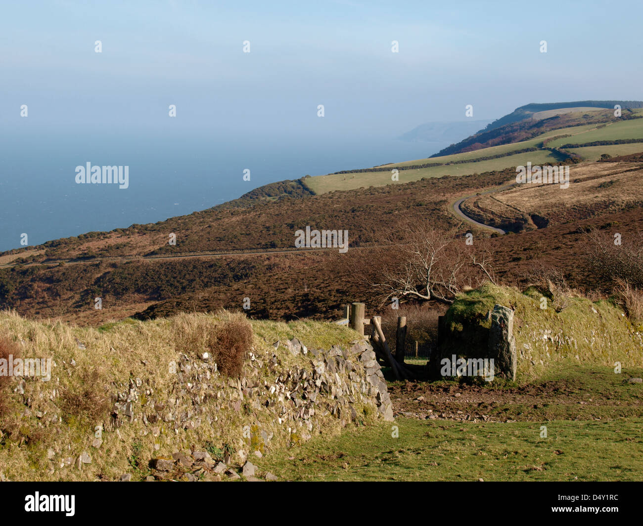 Field Grenze Mauer und Tor, Exmoor, Devon, UK Stockfoto