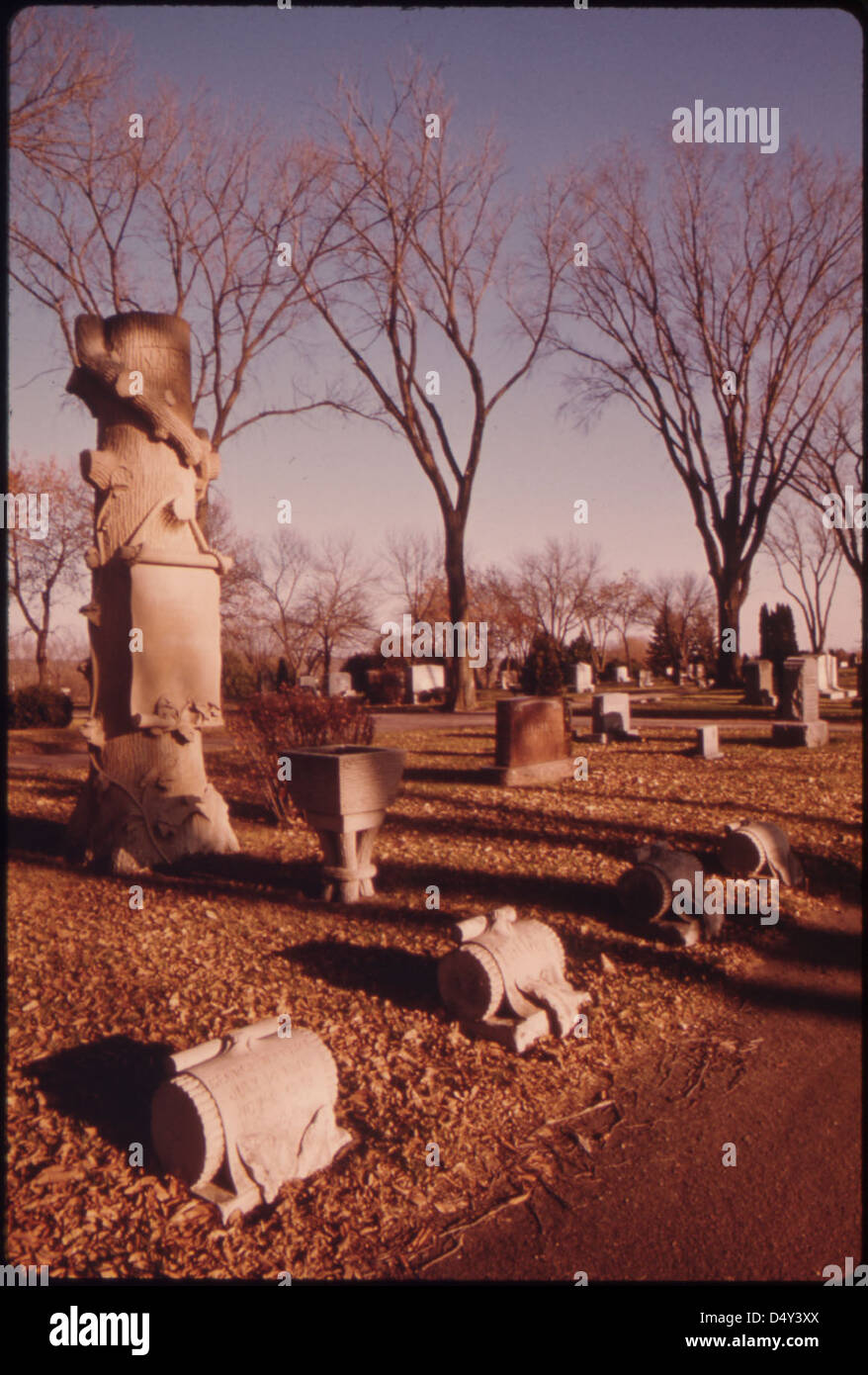 Ein Foto, das einen Teil des Friedhofs in New Ulm, Minnesota, zeigt. Die Stadt liegt in South Central Minnesota und dient als County Seat und Handelszentrum mit 13.000 Einwohnern in einer landwirtschaftlichen Region. Dieses Bild ist Teil des DOCUMERICA-Projekts der Umweltschutzbehörde. Stockfoto