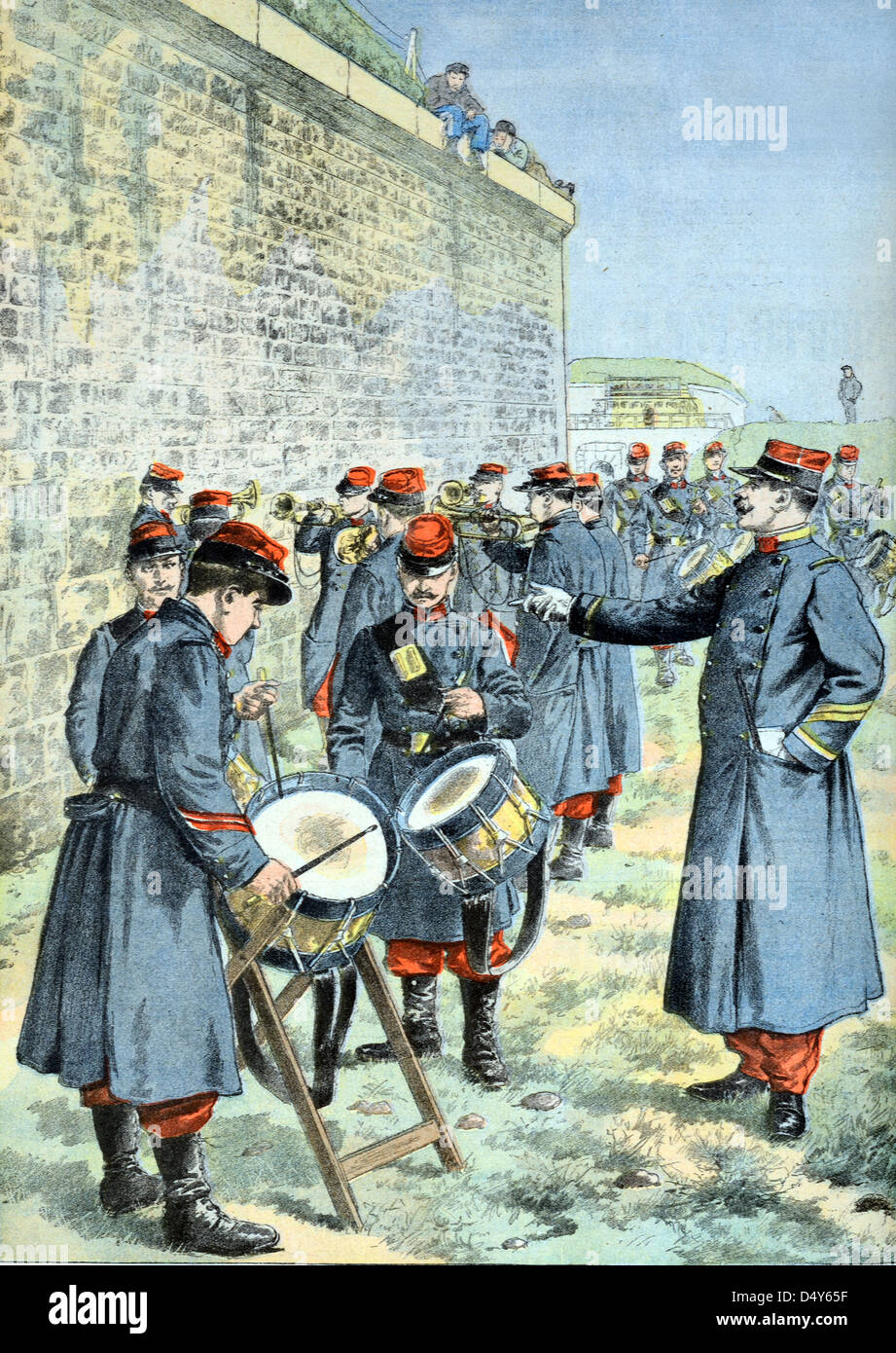 Militärtrommler oder Lerntrommler der französischen Armee an der Drum School France (Mai 1903) Vintage Gravur oder Illustration Stockfoto