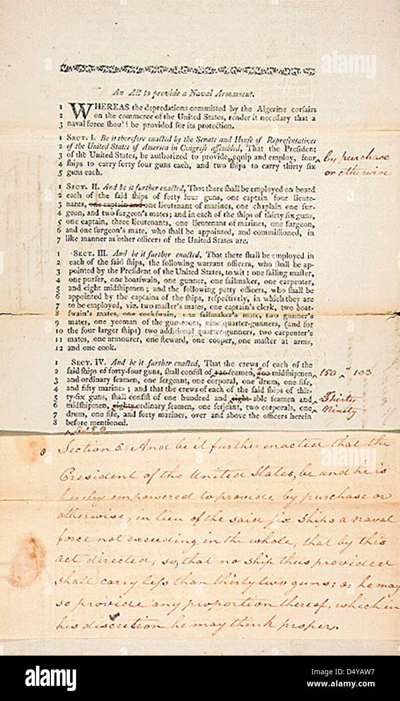Der Naval Act von 1794, der am 18. März verabschiedet wurde, genehmigte den Bau einer Fregatte mit 44 Kanonen, was eine bedeutende Entwicklung für die United States Navy bedeutete. Dieses Dokument, das Teil des U.S. National Archives ist, listet wichtige Schiffe wie die USS Chesapeake, die USS Constitution und die USS United States auf. Stockfoto