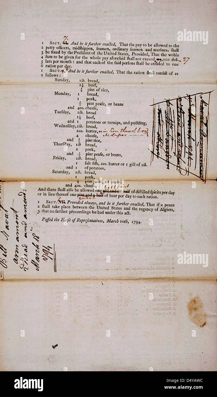 Ein historisches Dokument vom 18. März 1794, in dem ein Gesetz zur Bereitstellung einer Marinebewaffnung beschrieben wird, einschließlich der Gründung von US-Fregatten wie der USS Chesapeake und USS President. Das Dokument stellt einen frühen Schritt bei der Gründung der US Navy dar. Stockfoto