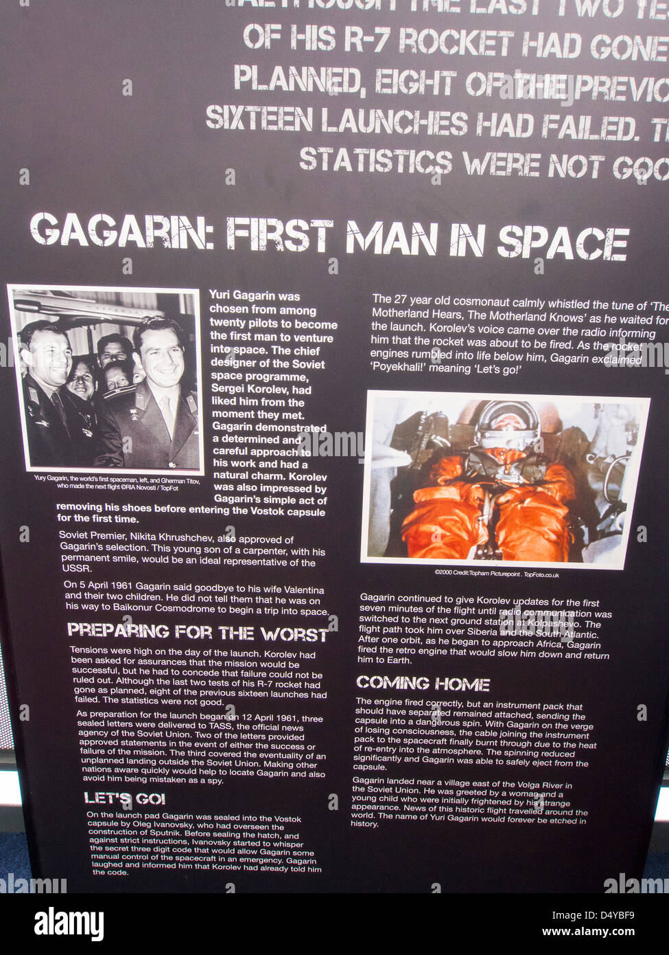Die Geschichte von Yuri Gagarin, der erste Mensch in den Weltraum, in der National Space Centre in Leicester, UK. Stockfoto
