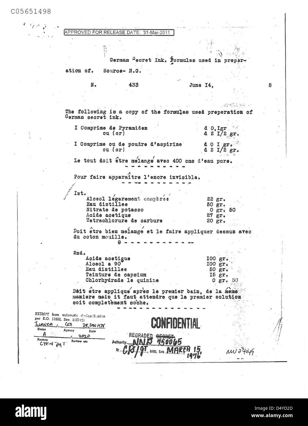 Dieses deklassifizierte CIA-Dokument aus den 1970er Jahren beschreibt geheime Schreibmethoden, die von Geheimdiensten verwendet werden, einschließlich der Verwendung chemischer Verbindungen zur Verschlüsselung von Nachrichten. Stockfoto