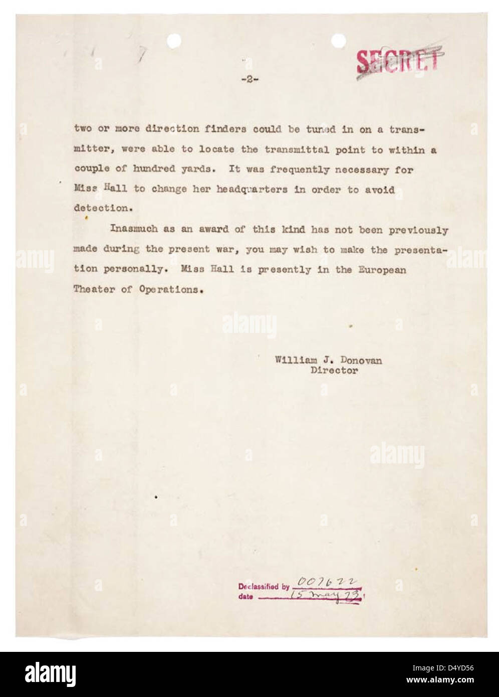 Memorandum für den Präsidenten von William J. Donovan über Distinguished Service Cross (DSC) Award zu Virginia Hall, 05.12.1945, Seite 2 von 2 Stockfoto