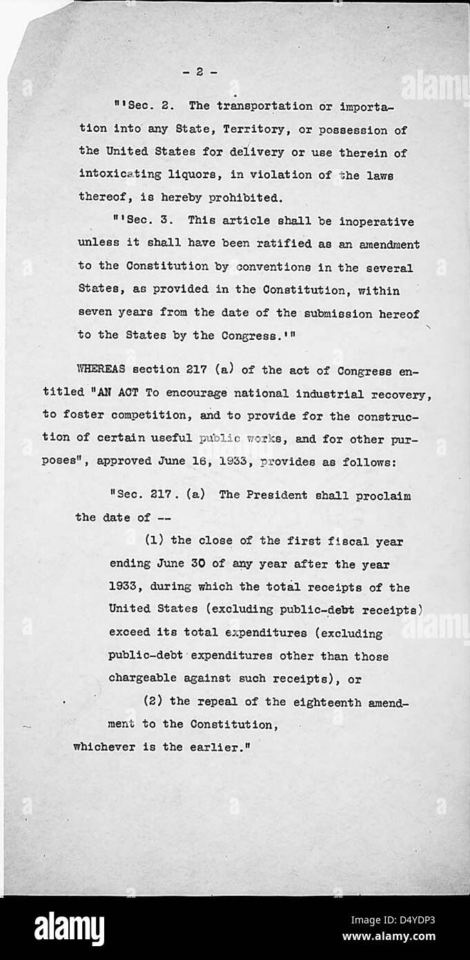 Presidential Proklamation zur Aufhebung des Verbots, 05.12.1933, Seite 2/5 Stockfoto