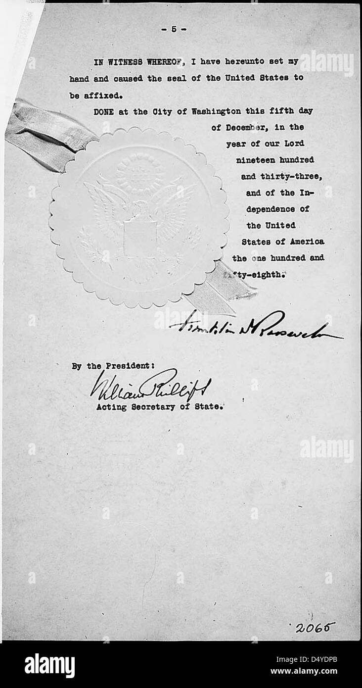 Presidential Proklamation zur Aufhebung des Verbots, 05.12.1933, Seite 5/5 Stockfoto