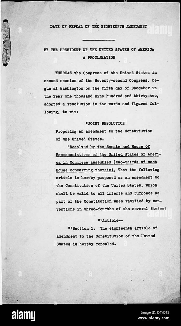 Presidential Proklamation zur Aufhebung des Verbots, 05.12.1933, Seite 1/5 Stockfoto