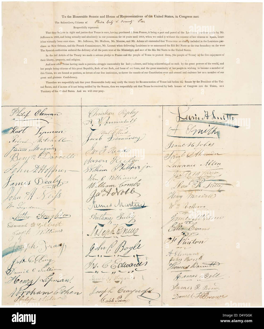 Petition der Bürger von Pennsylvania zu Gunsten der Annexion von Texas, 1844 Stockfoto