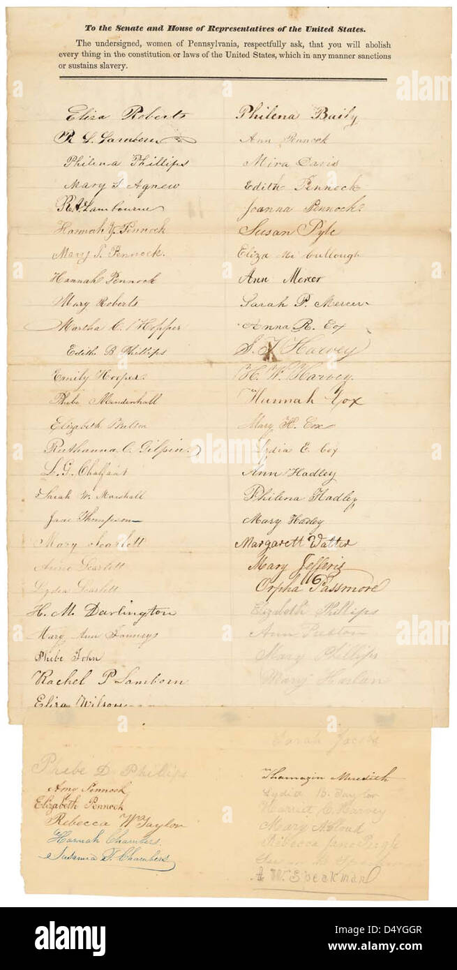 Anti-Sklaverei-Petition von Frauen von Philadelphia, 1844 (Seite 1 von 2) Stockfoto