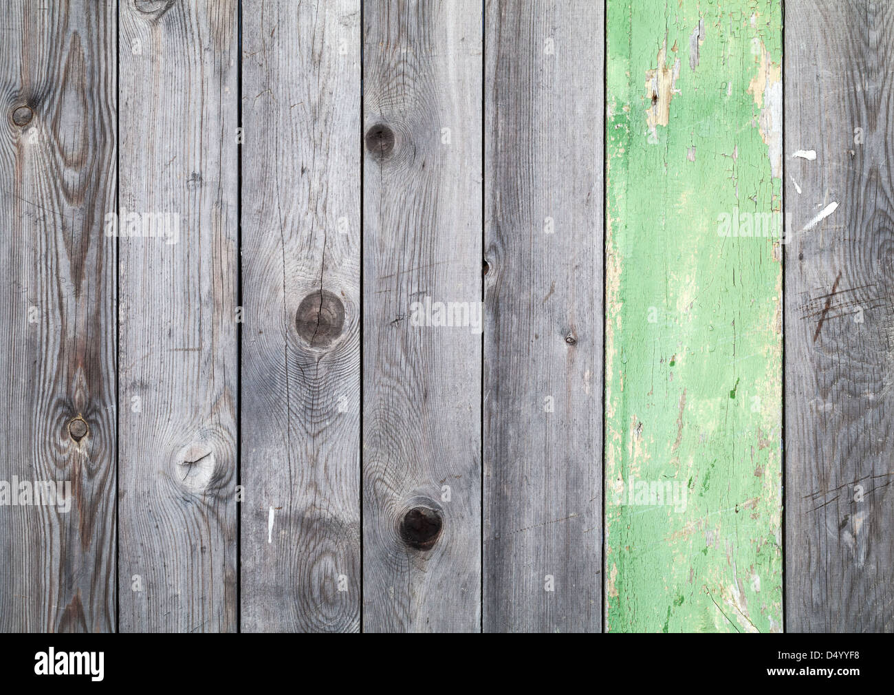 Hintergrundtextur des alten grau verwitterte Holz Futter Bretter mit einem grün lackierten plank Stockfoto