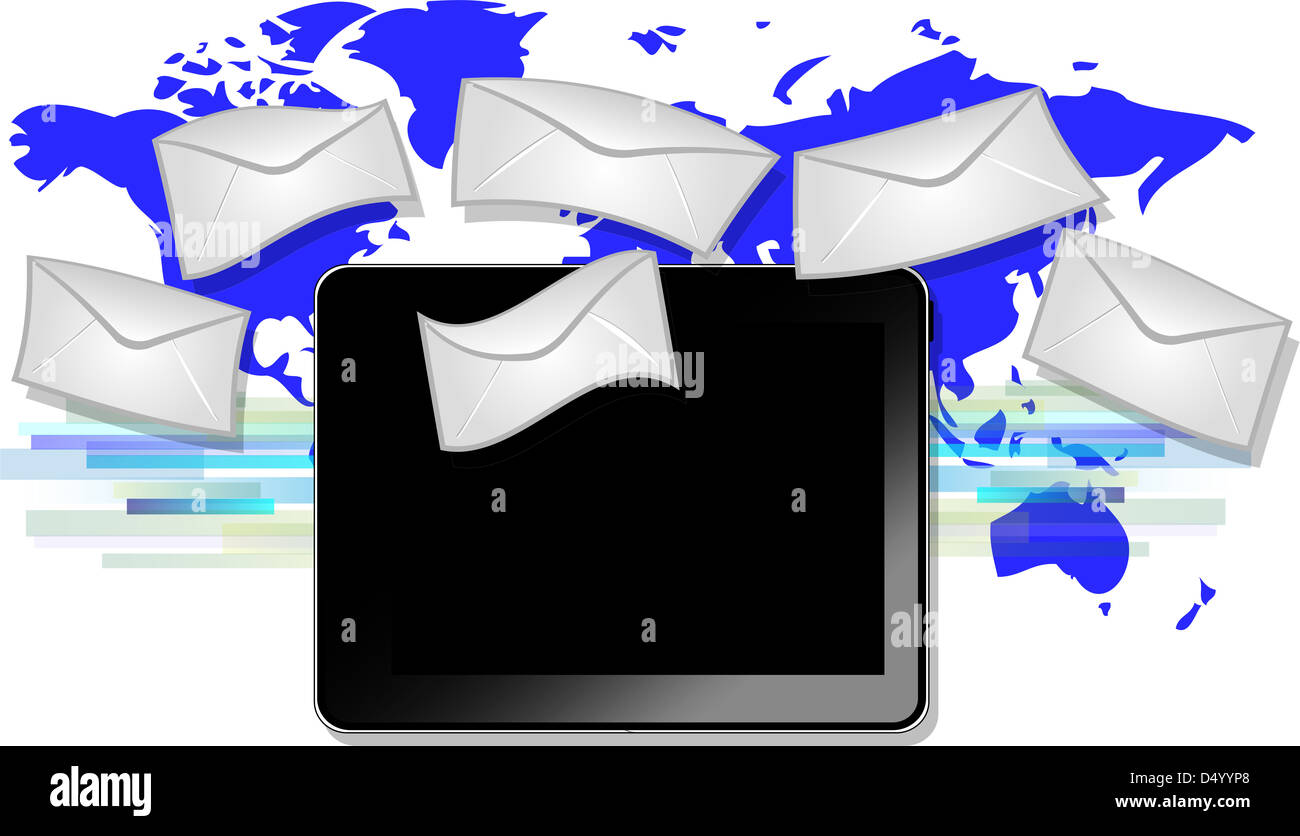 Tablet mit e-Mail-Symbole mit blauen Welt Kartenhintergrund schwarz Stockfoto