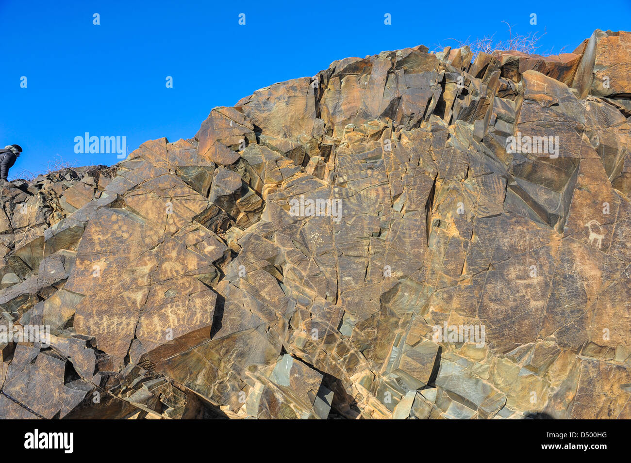 Petroglyphen auf dem Stein in Tamgaly, Kasachstan Stockfoto