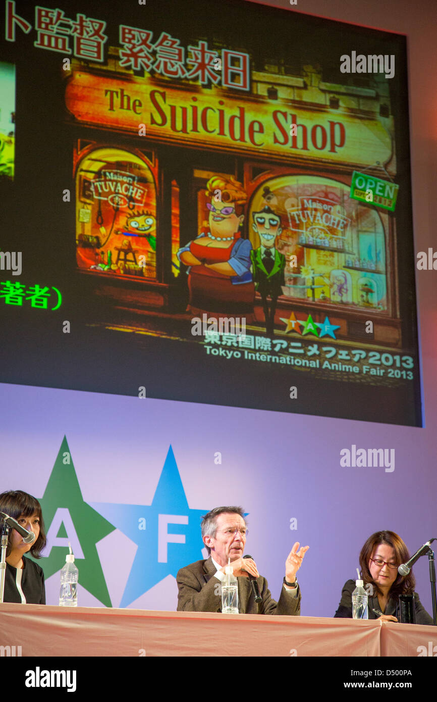 Tokio, Japan. 21. März 2013. Französischer Filmregisseur und Drehbuchautor Patrice Leconte hält einen Vortrag bei der Tokyo International Anime Fair 2013 auf Donnerstag, 21. März 2013. Die Ausstellung, die größte ihrer Art in der Welt wird voraussichtlich mehr als 100.000 Besucher während des viertägigen Laufs in Tokyo Big Sight zu ziehen. Bildnachweis: AFLO/Alamy Live-Nachrichten Stockfoto