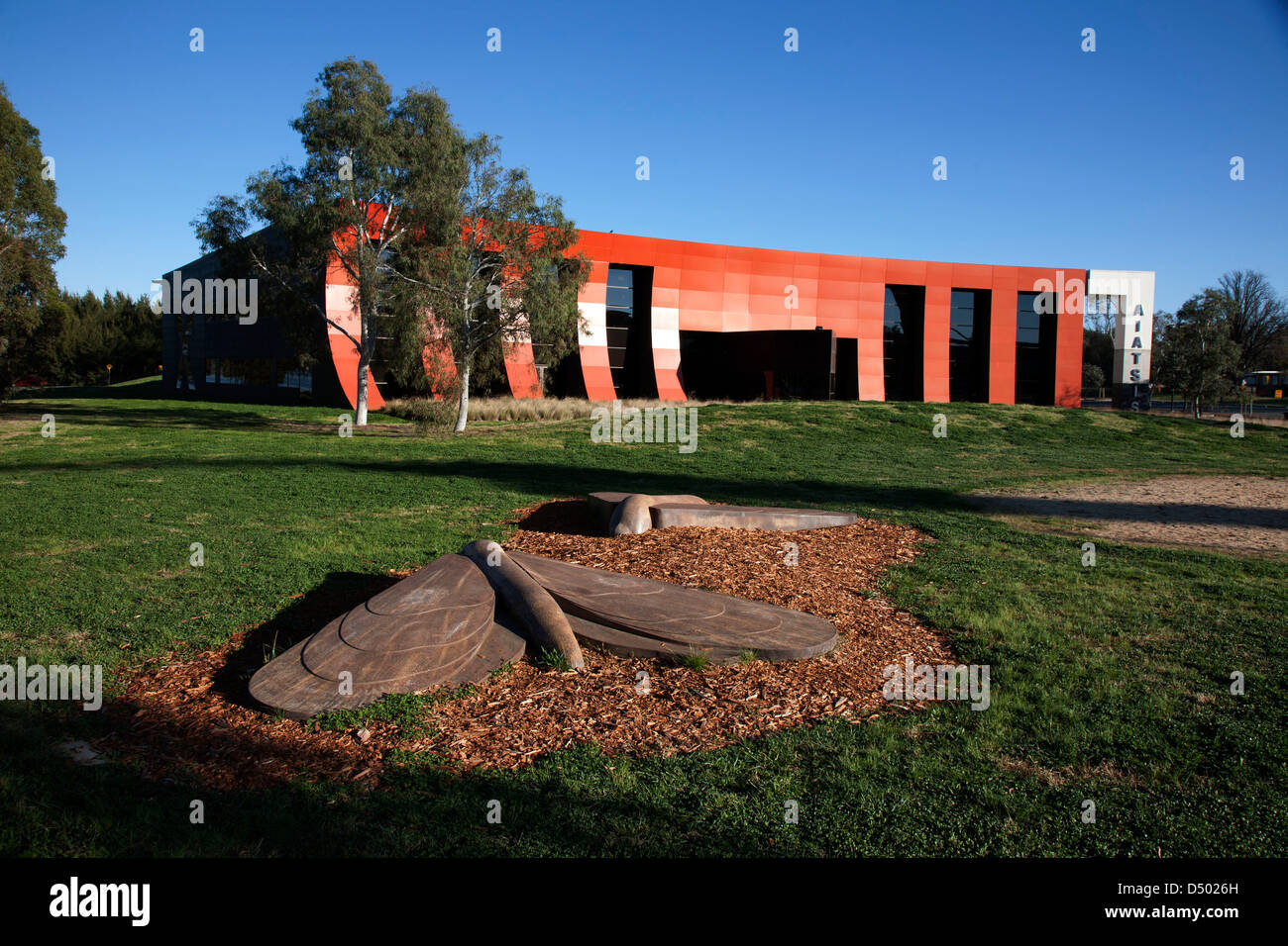 Bogong Motte Skulptur vor dem australischen Institut der Aborigines und Torres Strait Islander Studies (AIATSIS) Gebäude. Stockfoto
