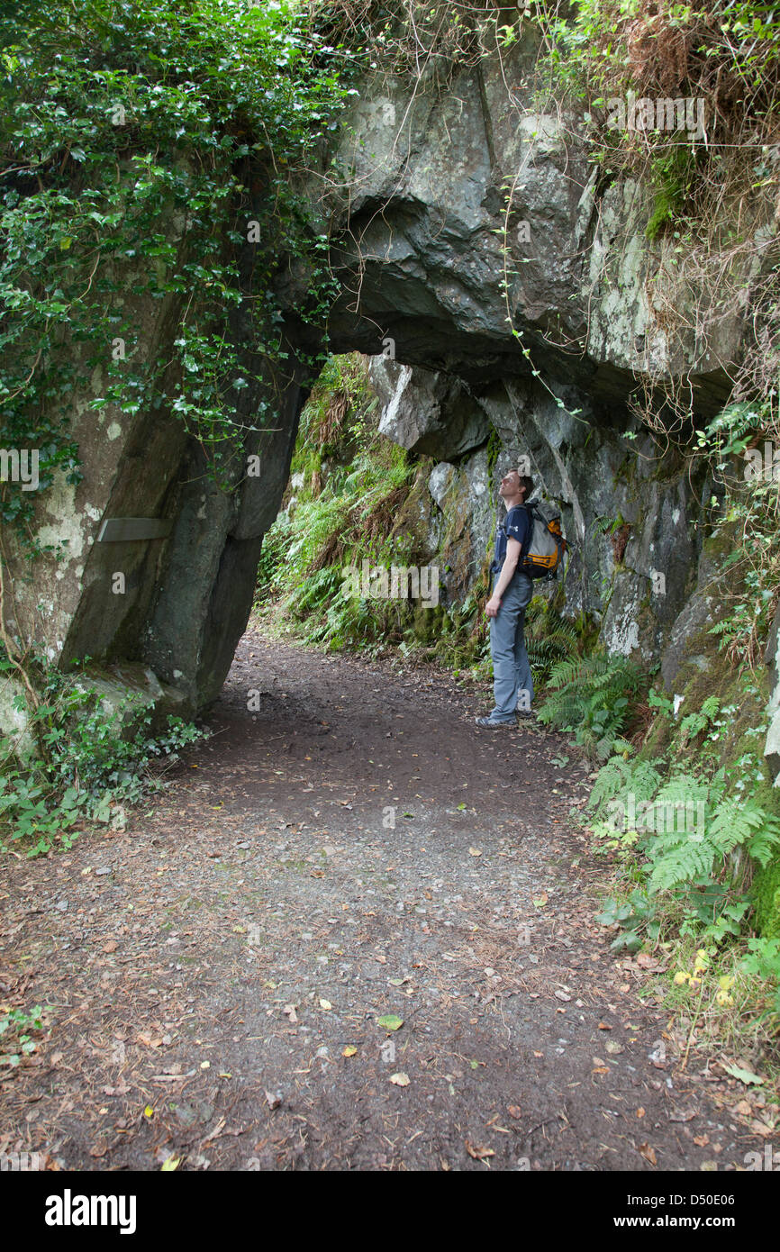 Walker unter einem Felsbogen in des Teufels Glen, County Wicklow, Ireland. Stockfoto