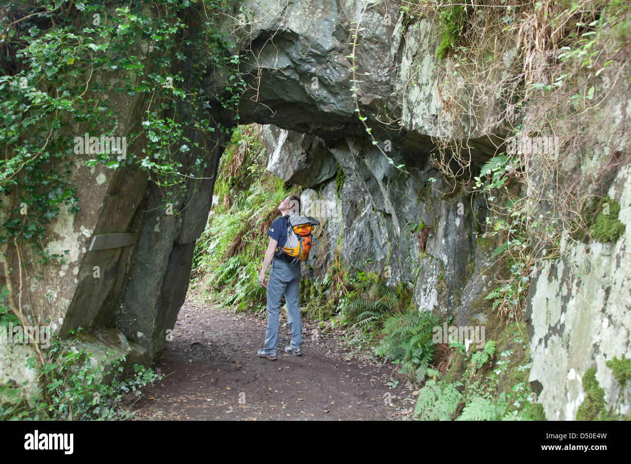 Walker unter einem Felsbogen in des Teufels Glen, County Wicklow, Ireland. Stockfoto