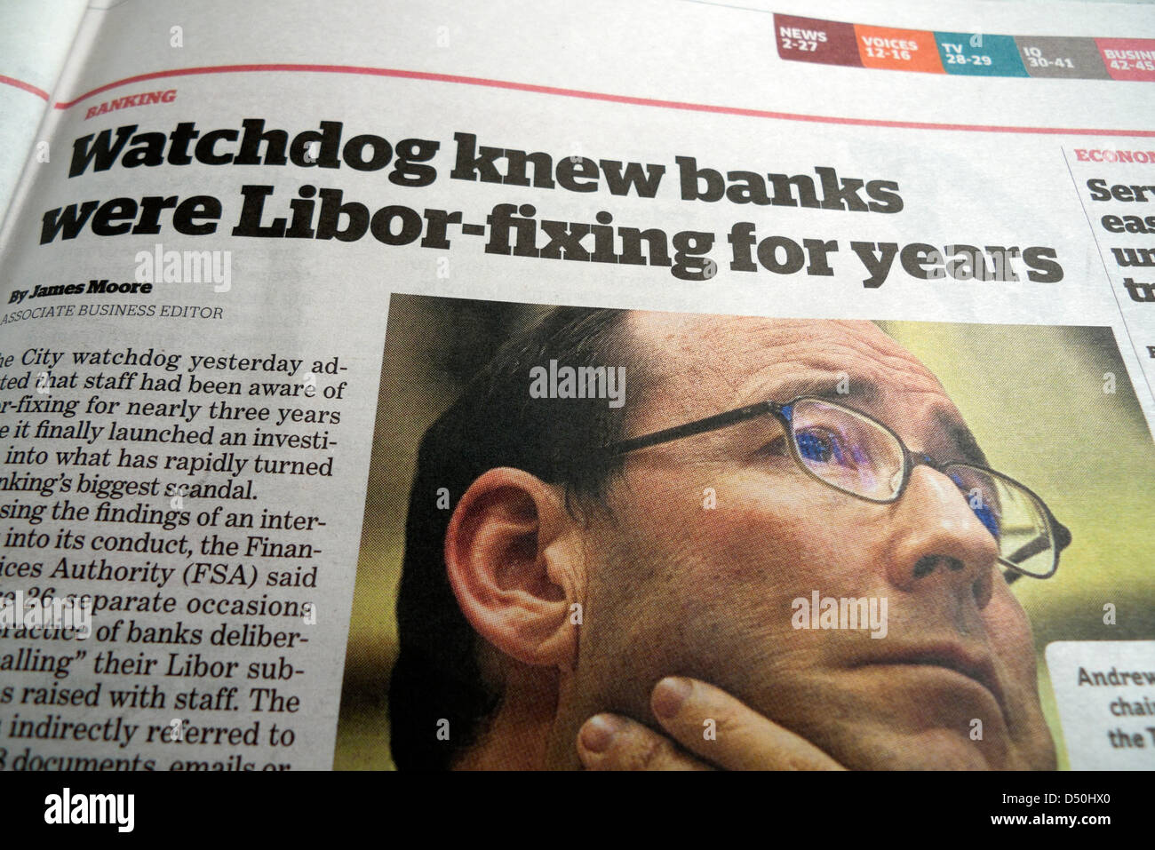 "Watchdog wusste, dass Banken waren Libor-Befestigung" Schlagzeile in der Zeitung Independent 6. März 2013 London England UK Stockfoto