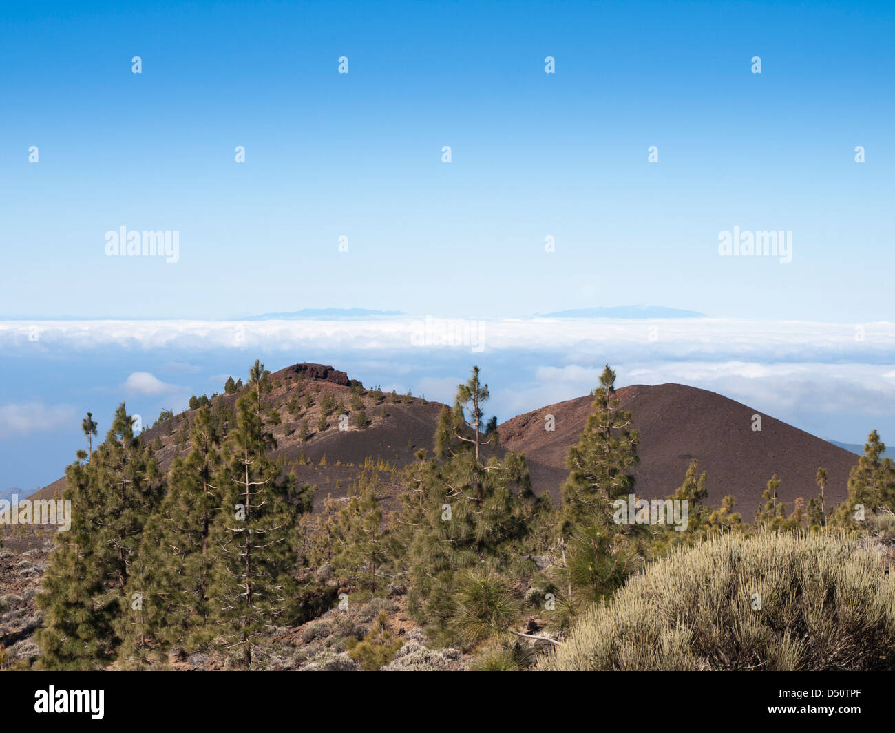 Die Kegel und Krater des Vulkans Samara im Nationalpark Teide, Teneriffa, die Höcker hinter der Insel von La Palma Stockfoto