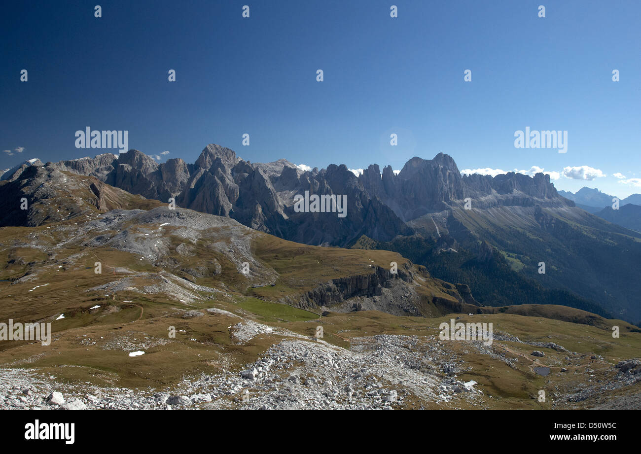 Compatsch, Italien, Blick vom höchsten Punkt des Schlern-Massivs Stockfoto