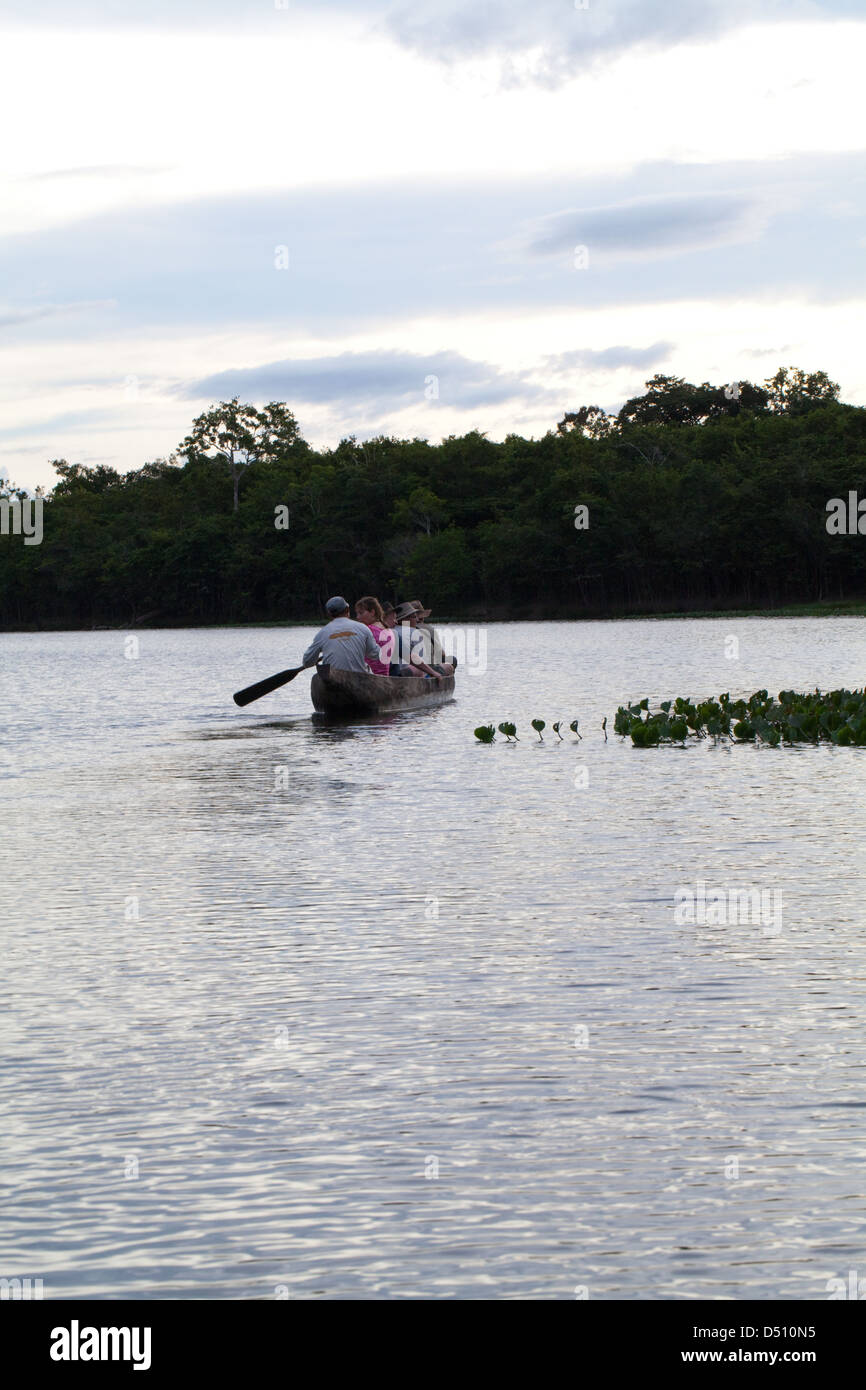 Öko-Touristen mit einem lokalen indianischen Führer paddeln in einem Einbaum-Kanu um einen Ox-Bow See abweichend von dem Fluss Rewa-Guyana Stockfoto