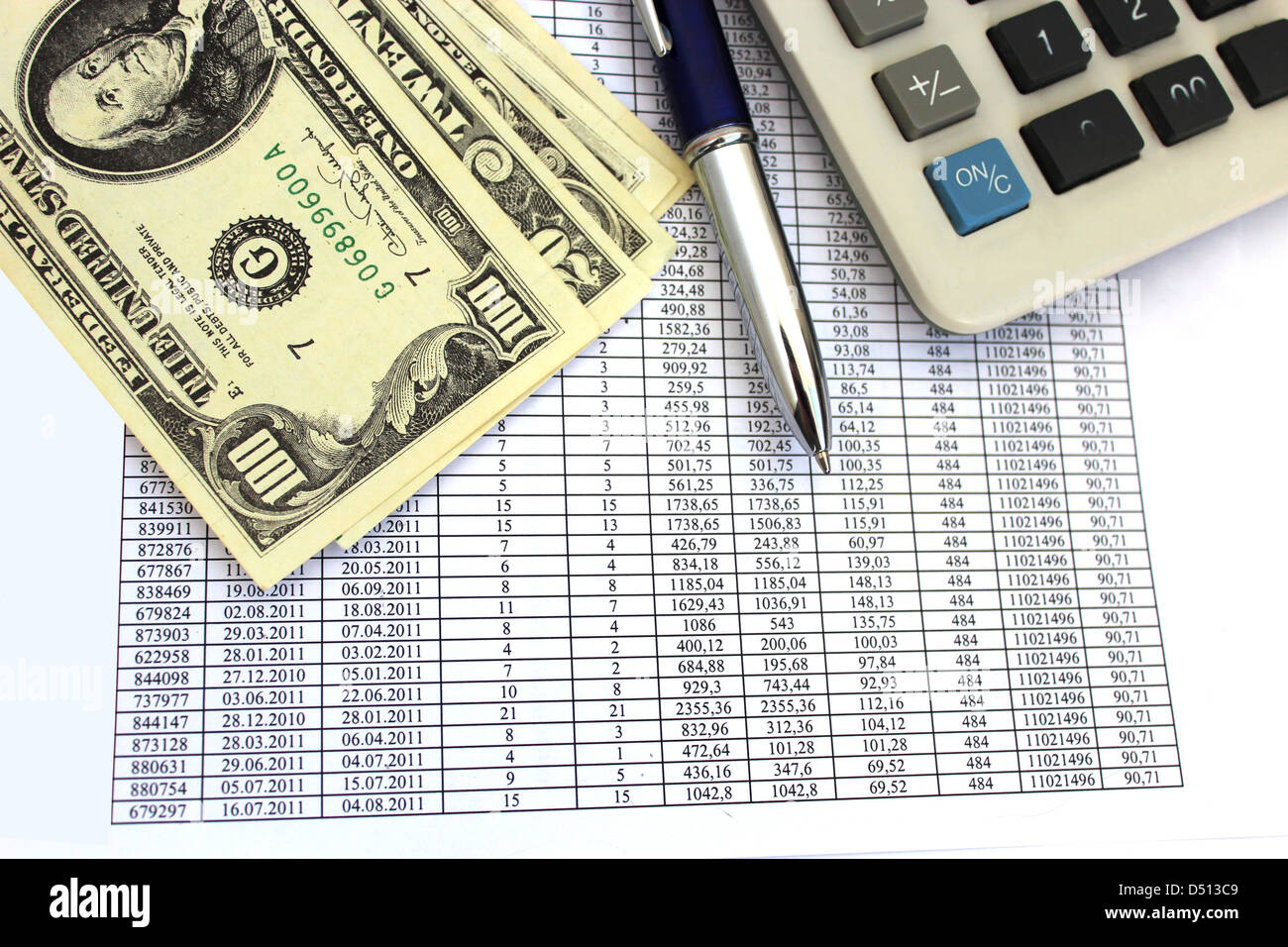 Tabelle mit Zahlen, Taschenrechner, Kugelschreiber und US-Dollar Stockfoto