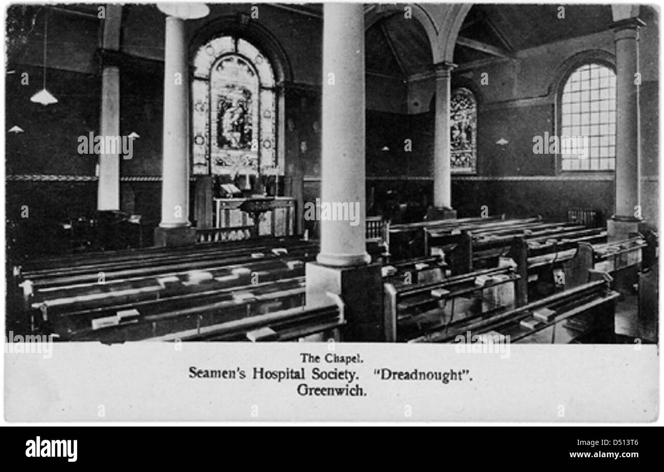 Die Dreadnought Seaman's Hospital Chapel in Greenwich, Großbritannien, ist ein wichtiger Teil des National Maritime Museum. Es diente als Ort der Anbetung und Erholung für Seeleute und bot eine historische Verbindung zum maritimen Erbe Großbritanniens. Heute erinnert sie an die lange Geschichte der Seefahrt und die Opfer, die Seeleute im Laufe der Jahrhunderte gebracht haben. Stockfoto