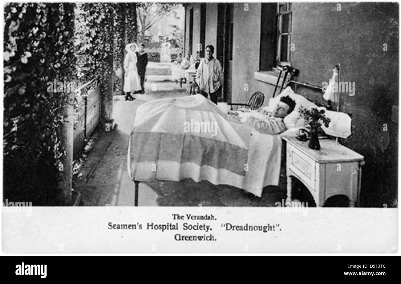 Das Veranda Dreadnought Seaman's Hospital in Greenwich war ein bekanntes Krankenhaus, das Seeleute und Seeleute diente. Das Gebäude war Teil der historischen Sammlung des National Maritime Museums und ist bekannt für seine Rolle bei der Unterstützung der Gesundheit und des Wohlergehens der Seeschifffahrt während seiner Betriebsjahre. Stockfoto