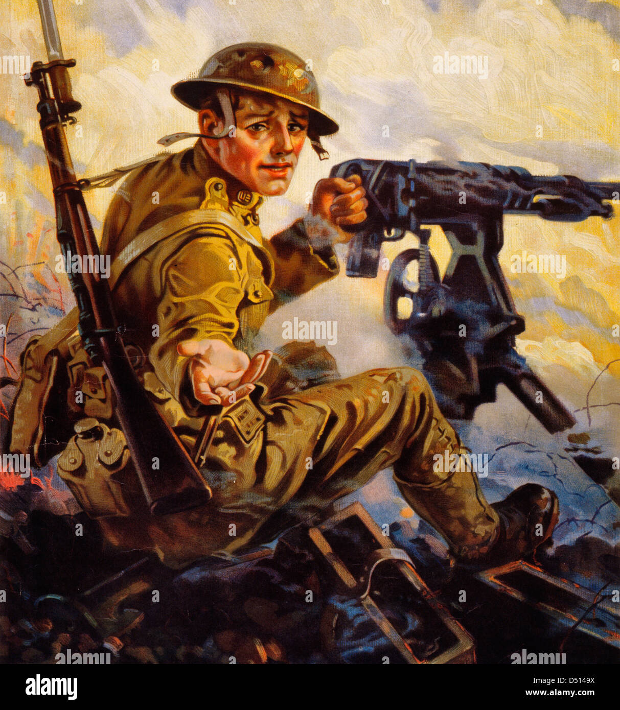 Soldat mit Maschinengewehr und Gewehr Griff wieder nach einer Hand, WWI-Ära Stockfoto