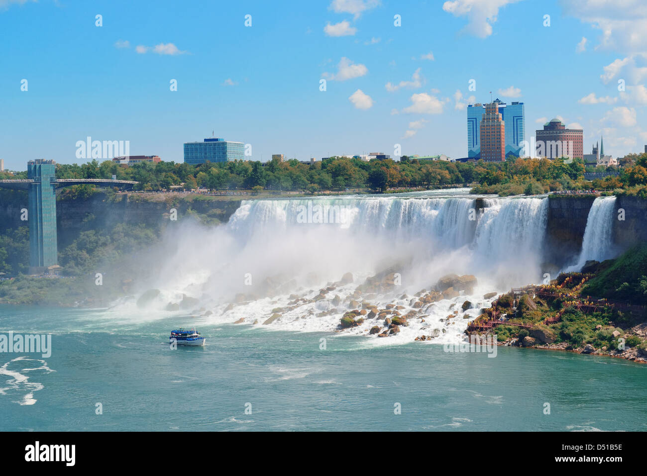 Niagarafälle Closeup am Tag über Fluss mit Felsen und Boot Stockfoto