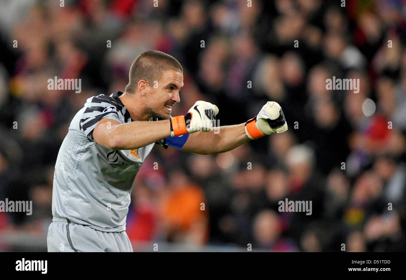 Basels Franco Costanzo feiert nach Frei das 1: 0 in der Champions League-Gruppe E-Spiel zwischen FC Basel und FC Bayern München an der St. Jakob-Park-Stadion in Basel, Schweiz, 28. September 2010 erzielte. Foto: Marc Müller Stockfoto