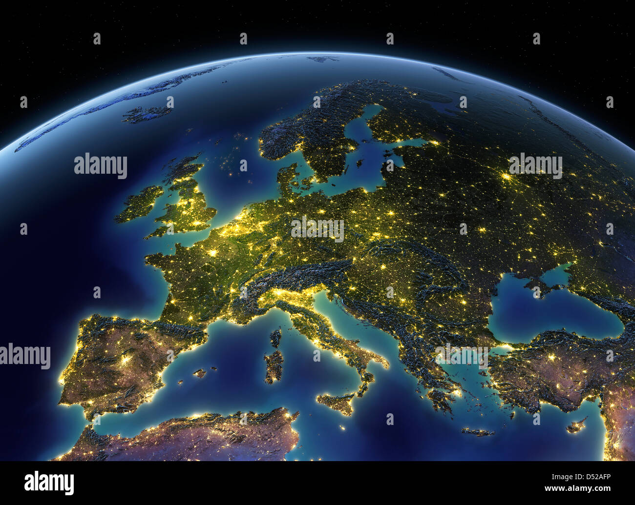 Nachtbeleuchtung auf der Erde, Europa Stockfoto