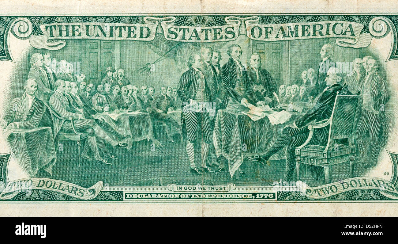 Erklärung der Unabhängigkeit-Szene wie auf der Rückseite der beiden Dollarnote abgebildet Stockfoto