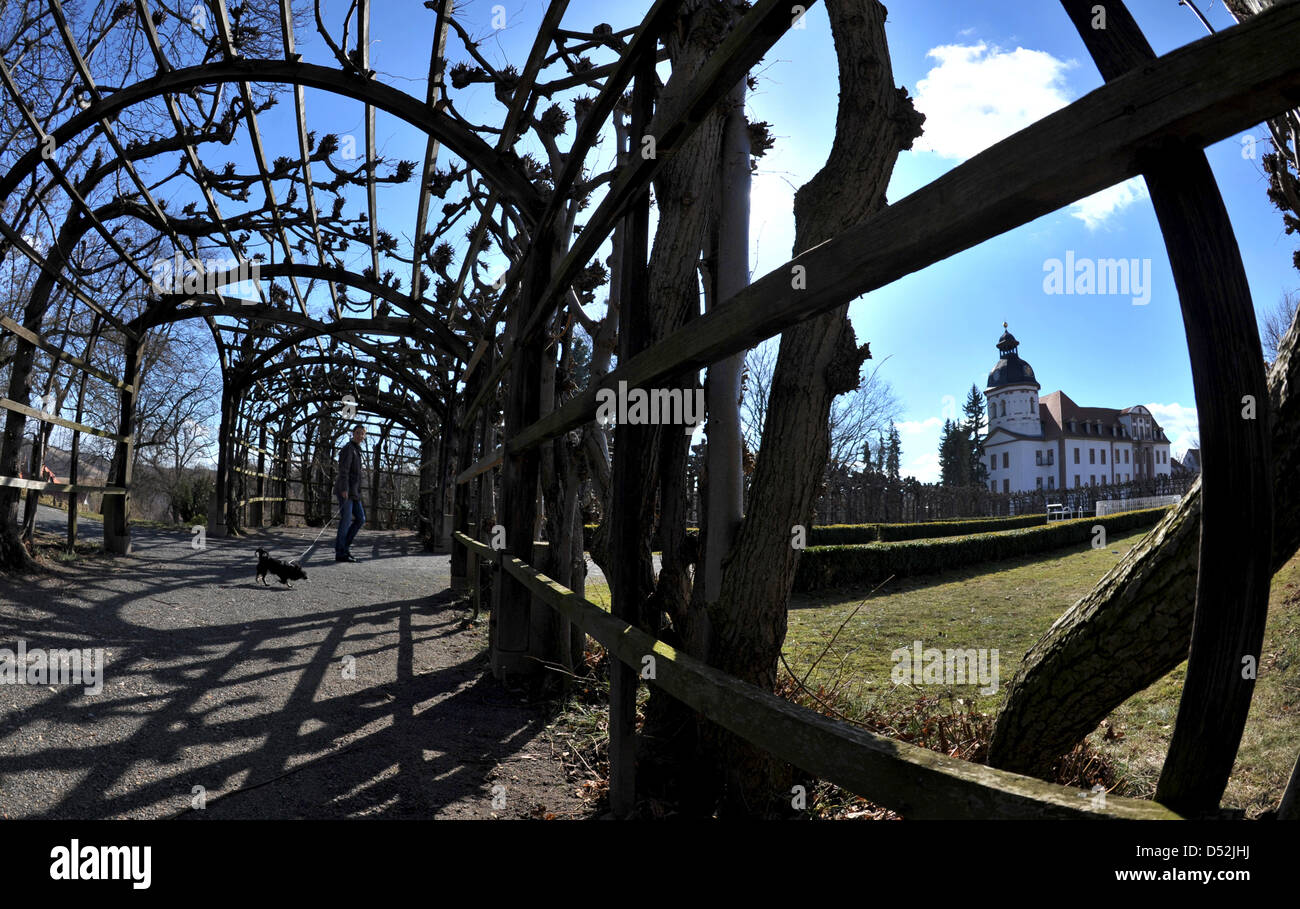 Shadowplay im Schlosspark von Eisenberg, Deutschland, 3. März 2010. Die Schlosskirche von 1679 bis 1687 erbaut ist im Hintergrund zu sehen. Der französischer Lustgarten wurde im 18. Jahrhundert eingerichtet. Eisenberg ist die größte Stadt an der Saale-Holzland-Kreises im östlichen Thurinigia zählen etwa 12,000 Einwohnern. Foto: Jan-Peter Kasper Stockfoto