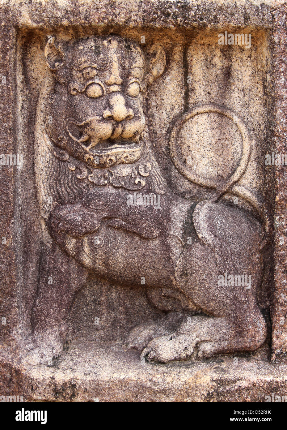Geschnitzte Steinlöwen Mahasena Palace, Anuradhapura, Sri Lanka Stockfoto