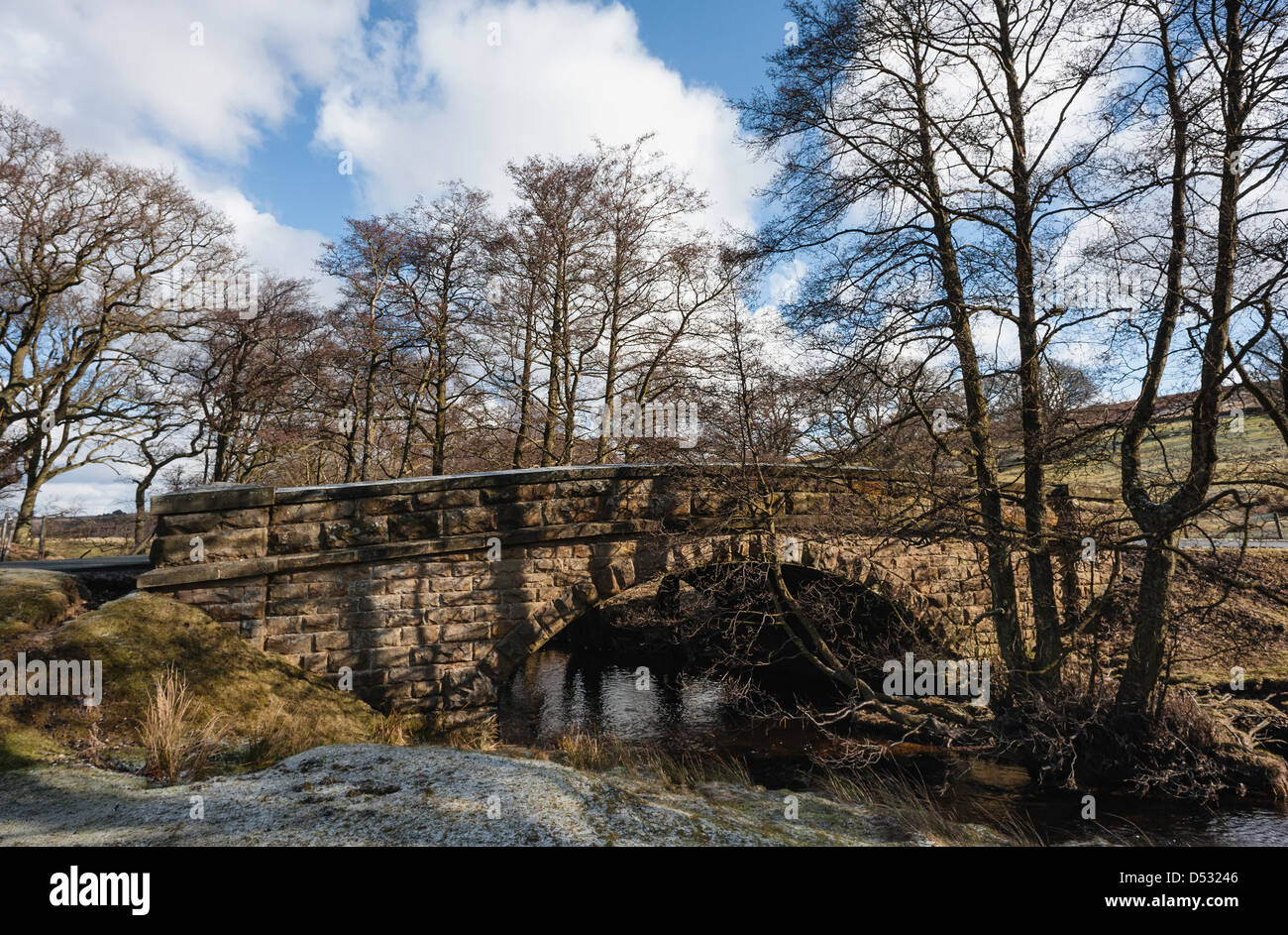 Eine traditionelle Bogenbrücke aus Stein und einem Fluss, Ellar Beck, in North York Moors National Park in der Nähe von Goathland, Yorkshire, Großbritannien. Stockfoto