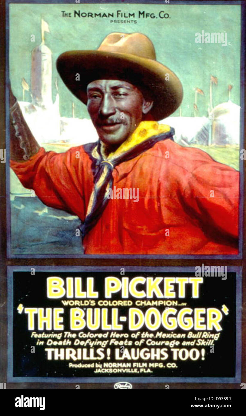 Diese Werbung für den Bill Pickett Film beleuchtet die Beiträge afroamerikanischer Männer im Cowboy-Beruf. Bill Pickett, ein Pionier des Schwarzen Cowboys, ist in dem Film zu sehen, der sein Vermächtnis als Stuntman und Bullenreiter feiert. Der Film wurde von der Norman Film Manufacturing Company in Jacksonville, Florida produziert und ist Teil der Feier des Black History Month. Stockfoto