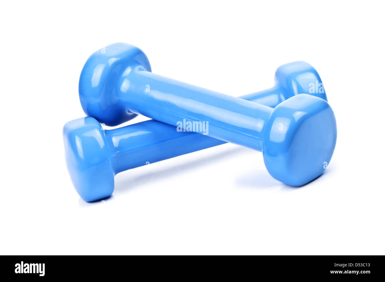 blaue Hanteln isoliert auf weiss Stockfoto