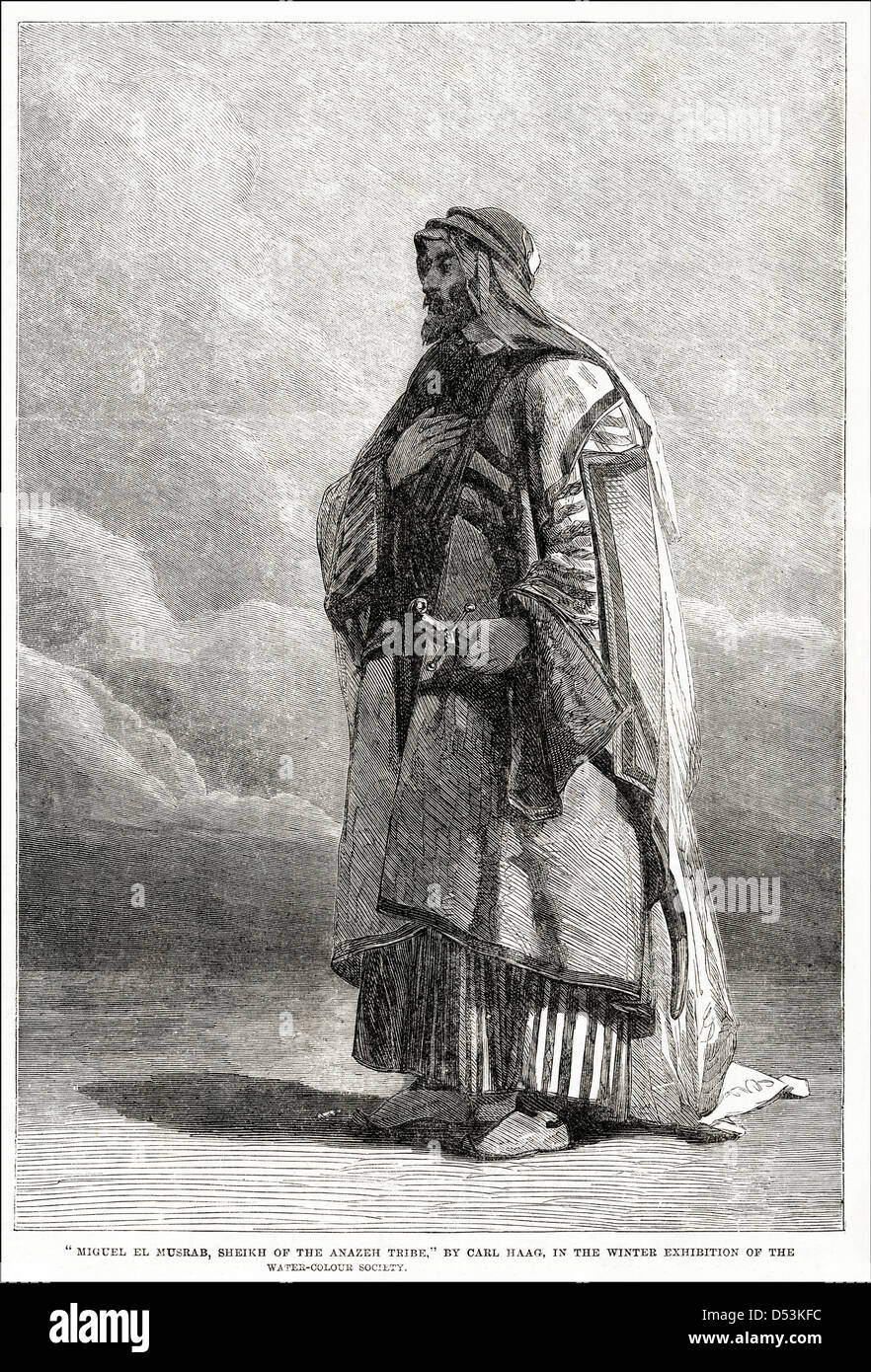 Viktorianische Holzschnitt Kupferstich des "Miguel El Musrab Scheich des Stammes Anazeh" des Künstlers Carl Haag ca. 1862. Stockfoto