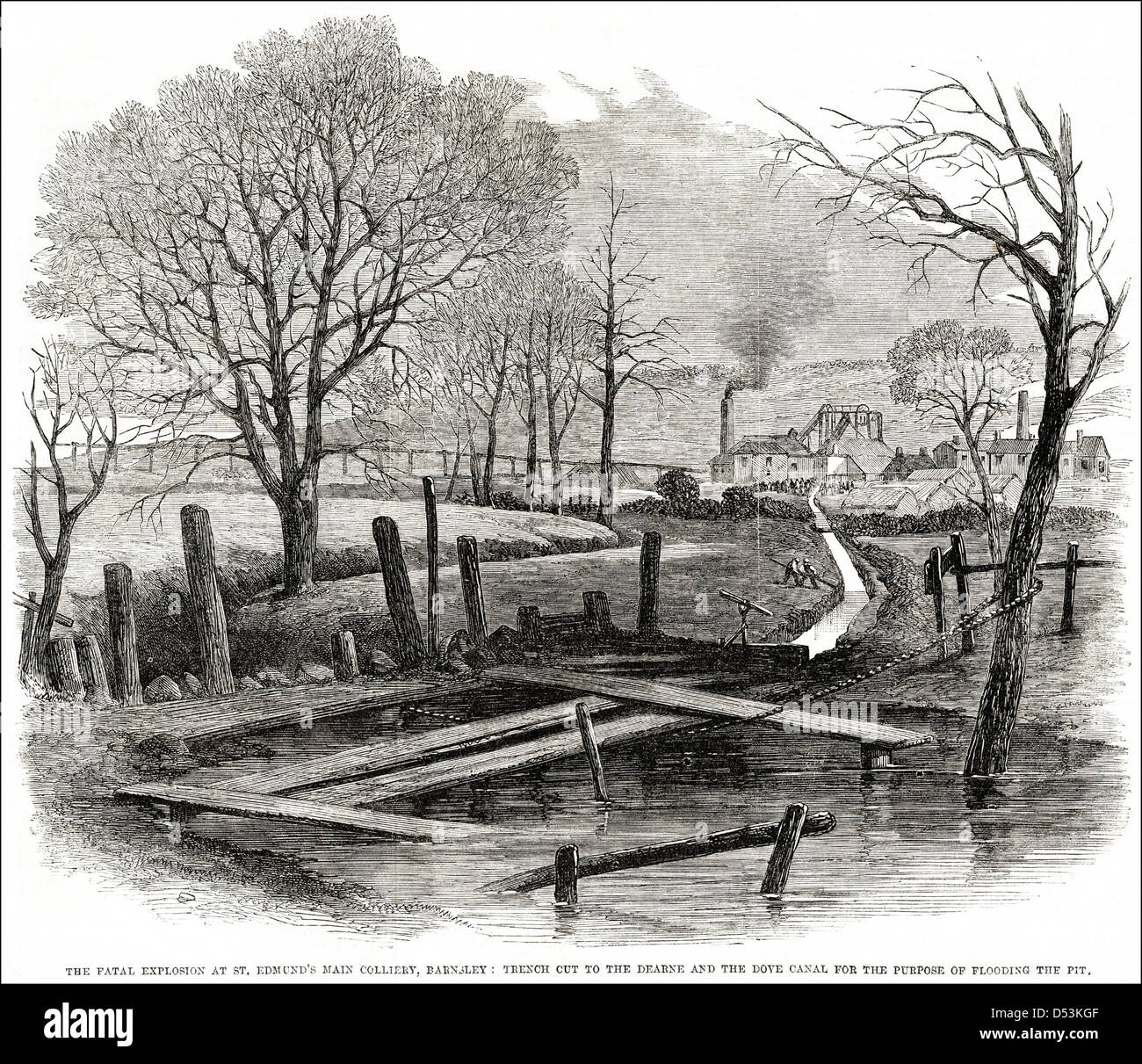 Explosion in St Edmund Main Zeche Barnsley & Grabens geschnitten aus dem Dearne und Taube-Kanal, die Grube ca. 1862 zu überfluten. Stockfoto