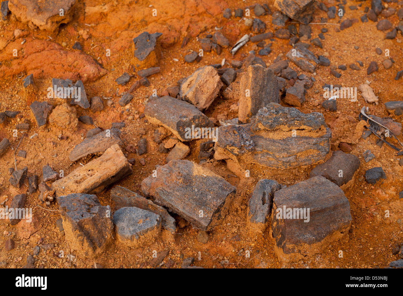 Kohle aus antiken Siedlungen in Sarigua Nationalpark (Wüste), Herrera Provinz, Republik von Panama. Stockfoto